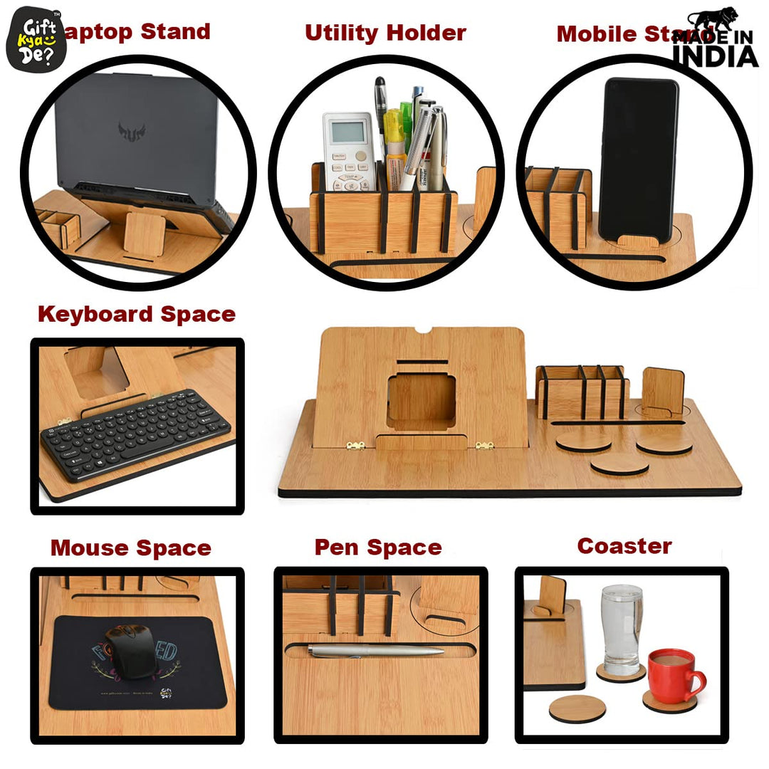 Gift Kya De Lapdesks Premium All-in-one Table top for Laptop Stand with Cooling pad Keyboard and Mouse pad Mobile Stand Stationary Desk Organizers and Coaster Set (All in One)