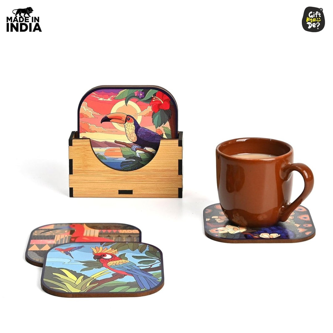 Gift Kya De Coaster Set of 6 Unique Birds & Jungle Theme Design | Wooden Coasters to Serve Tea Cups, Coffee Mugs and Glasses (Ecofriendly)