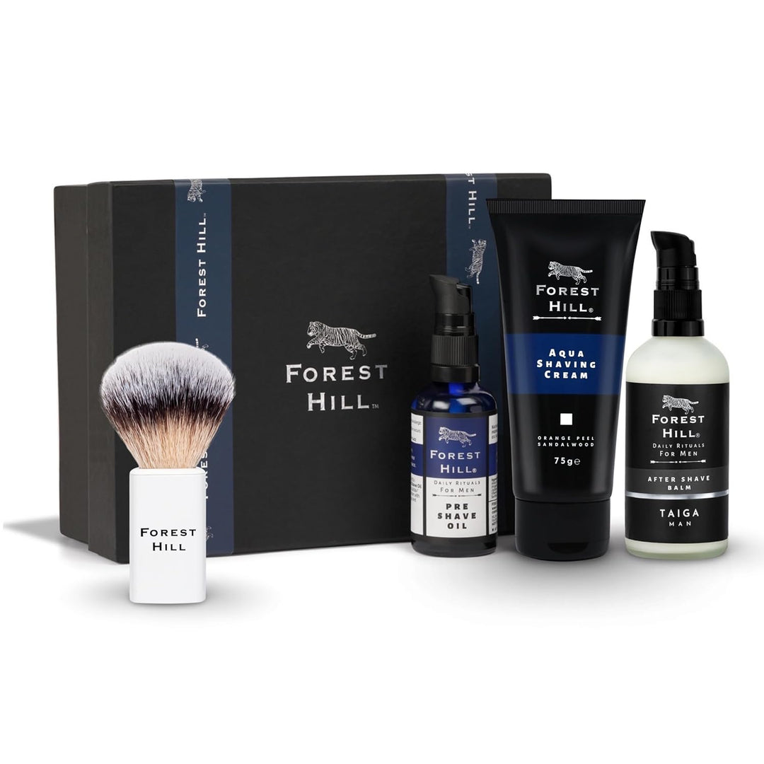 Forest Hill Set of 4 Men Gift Set Grooming Shaving Kit, Pre Shave Oil 50ml, Aqua Shaving Cream 75g, Taiga After Shave Balm 100ml & White Color Lincoln Synthetic Faux Badger Super Soft Hair Shaving Brush