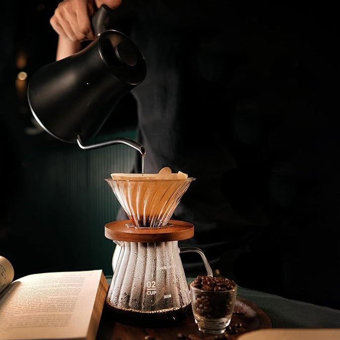 The Bean Co Roasters Pour Over Coffee Brewer Maker Set | Borosilicate Glass serving Carafe| Coffee Dripper with Wooden Base
