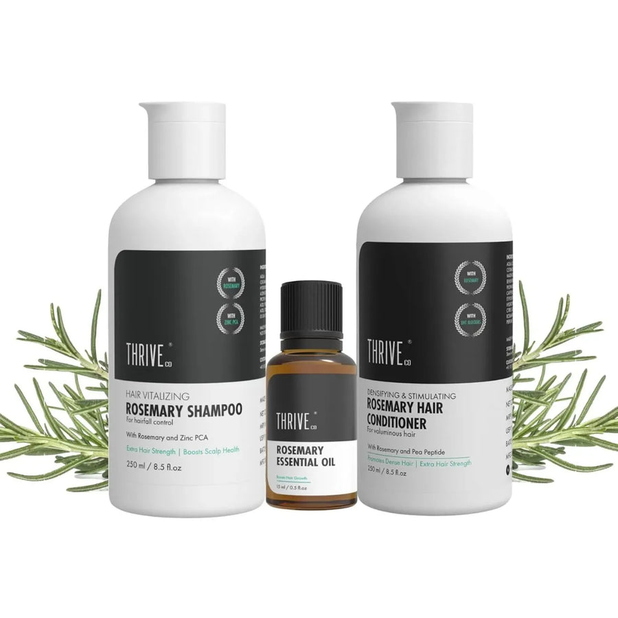 ThriveCo Anti Hair Fall Control Kit: Rosemary Shampoo, Conditioner, Essential Oil, Water