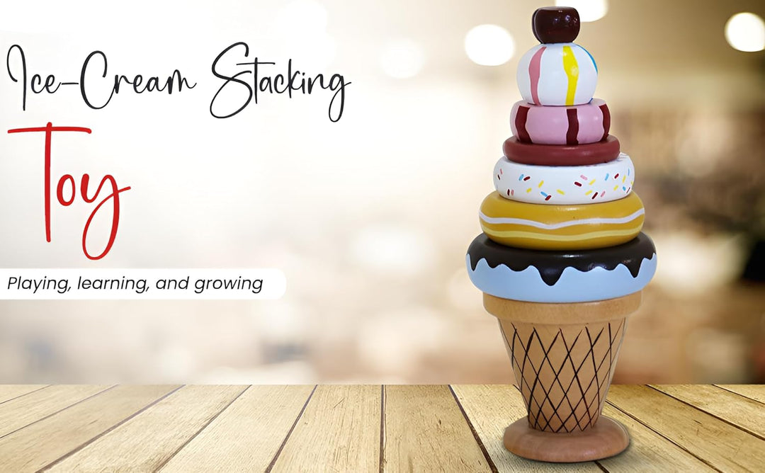 Channapatna Toys Organic Wooden Ice Cream Stacking Toy for Kids - (1 Year+) - Montessori Toys for Toddlers 1-3 Years Old and Up - Multicolor - Pack of 1 - Develop Fine Motor Skills