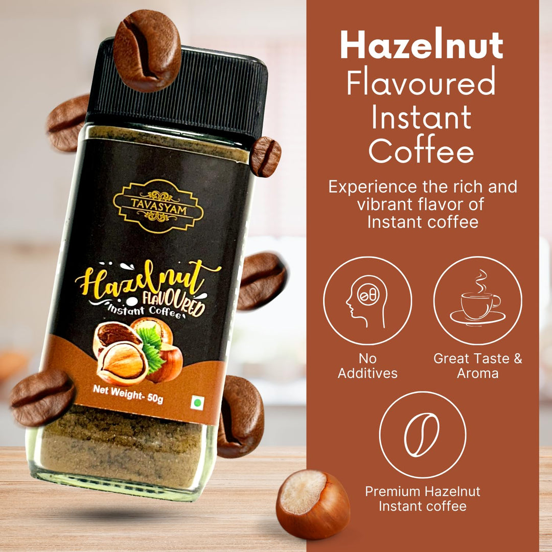 TAVASYAM Coffee Powder Jar 50 gm - Hazelnut Instant Coffee Powder - 25 Servings