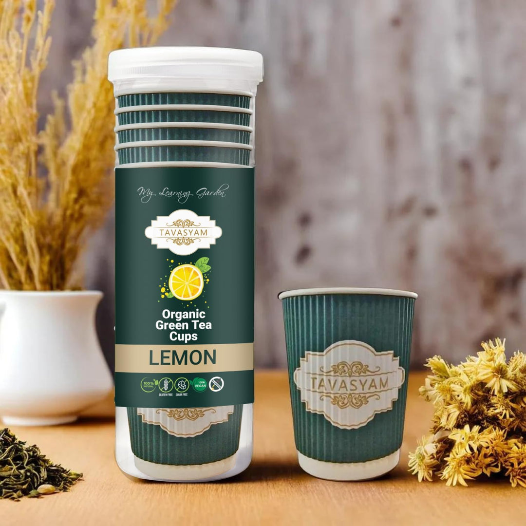 Tavasyam  Ready to Sip Lemon Flavour Green Tea Cups - Vegan, Gluten Free & Sugar Free - Pre-Filled Tea Cups 200 ml - Pack of 12 Cups