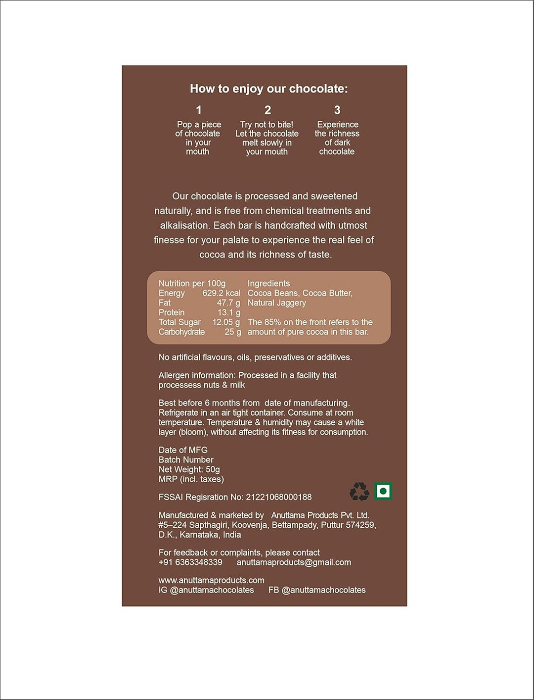 ANUTTAMA Intense Dark Chocolate - 85% Cocoa - Vegan Chocolate Bar 50 gm