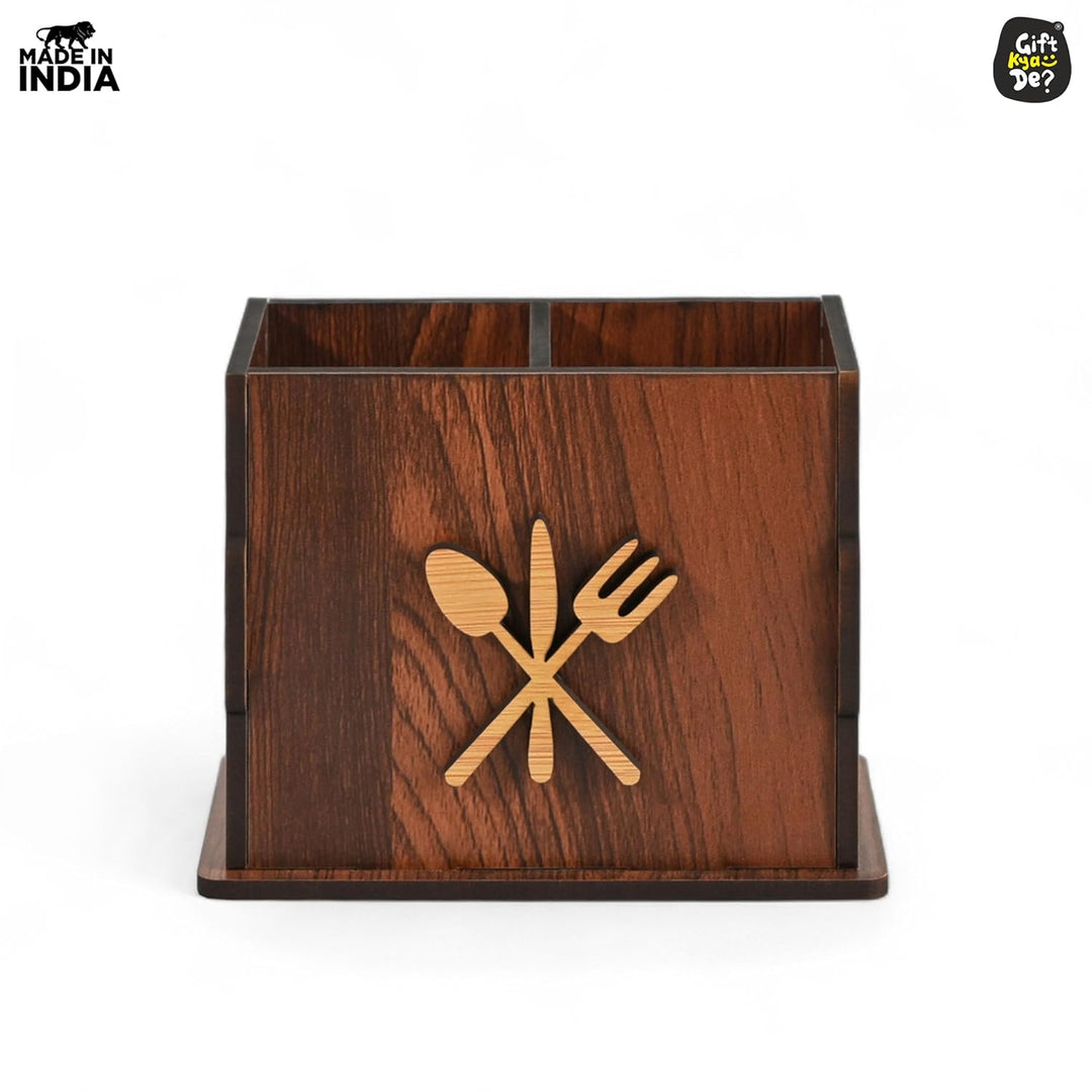 Gift Kya De 2 Compartments Wooden Cutlery Stand for Kitchen & Dining Table | Spoon, Knife & Fork Holder