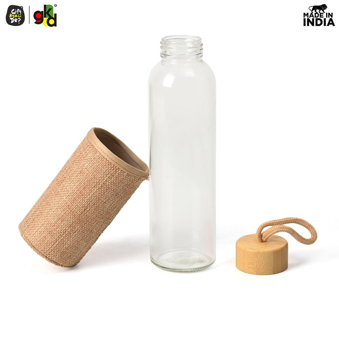 Glass Water Bottle with Bamboo Spill-Proof Cap & Jute Sleeve 450 ML | Eco-Friendly & Reusable | BPA Free | Leak-Proof | Travel Friendly | Made in India