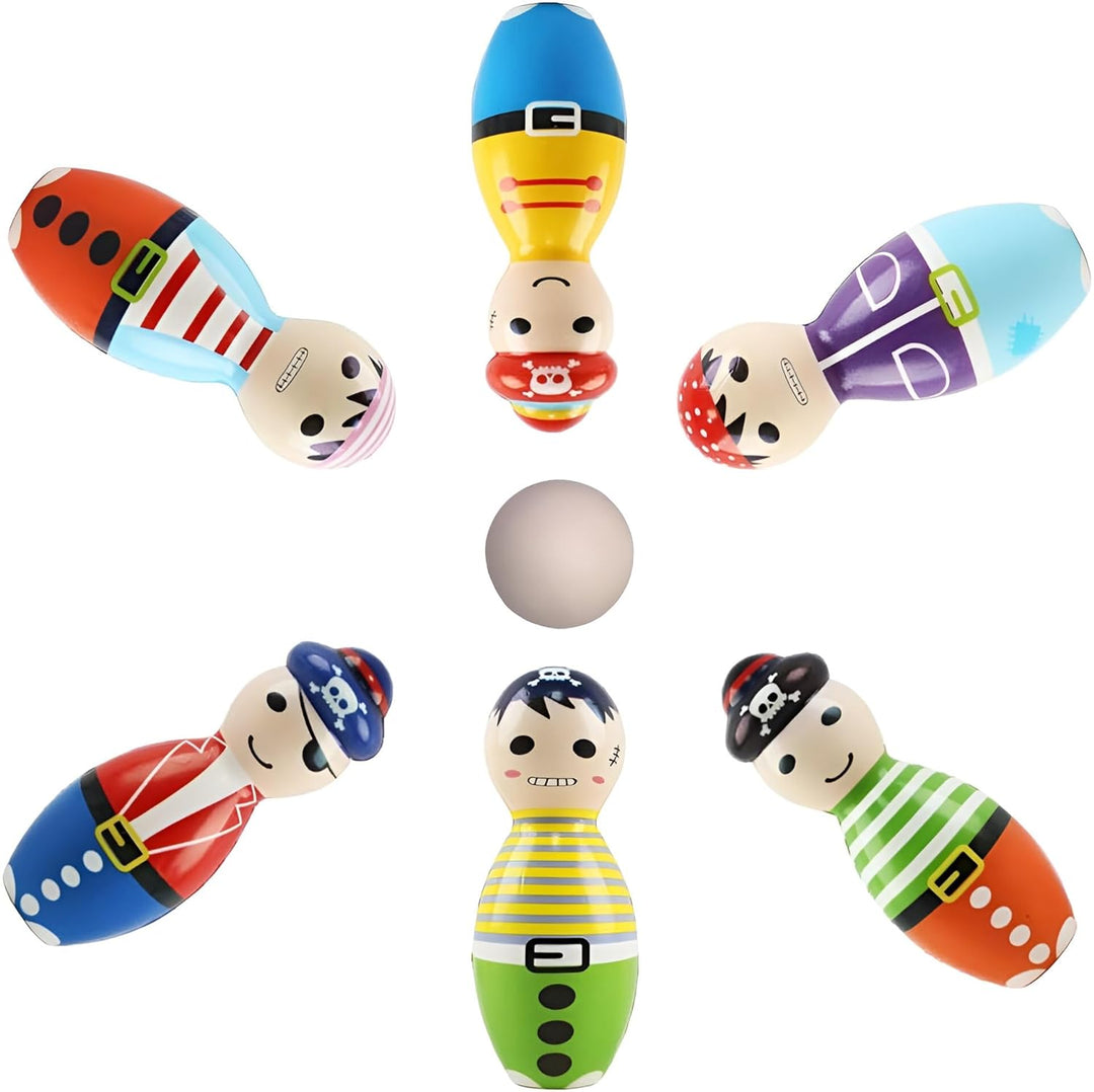 Channapatna Toys Wooden Pirates Bowling Pins Skittles Toy Set for Kids (2 Years+) Non Toxic Colors, Indoor & Outdoor Game, Fun Learning Toy for Kids