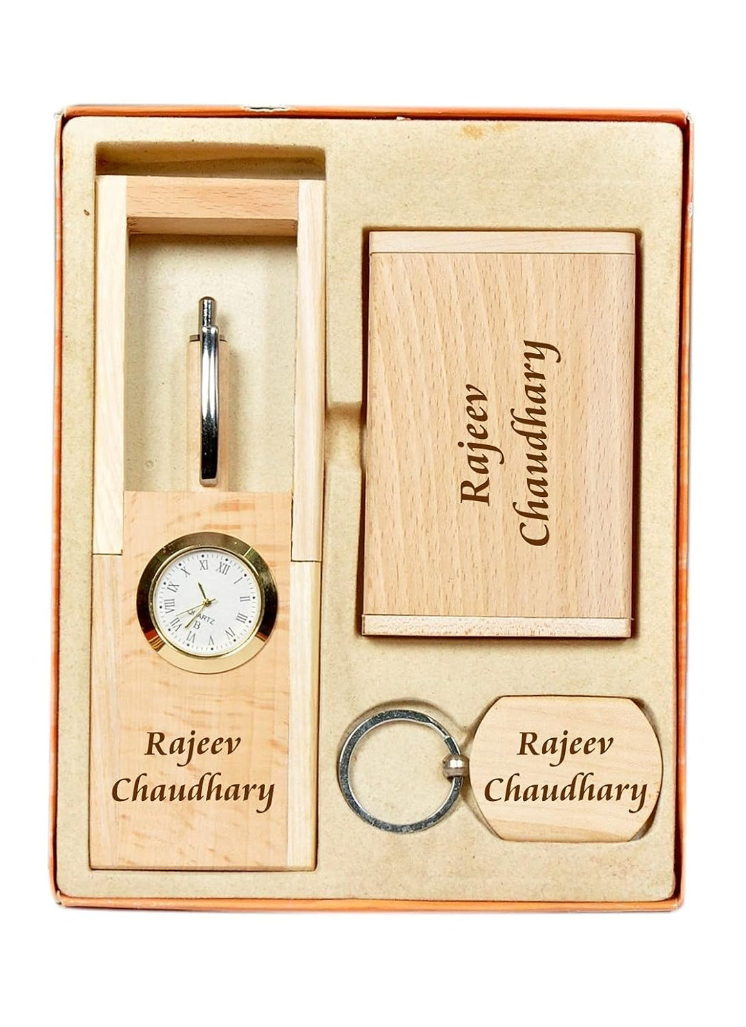 MiRa Gifting Solutions 4 in 1 Personalized Customized Wooden Office Gift Set with Pen, Pen Stand, Keychain and Card Holder