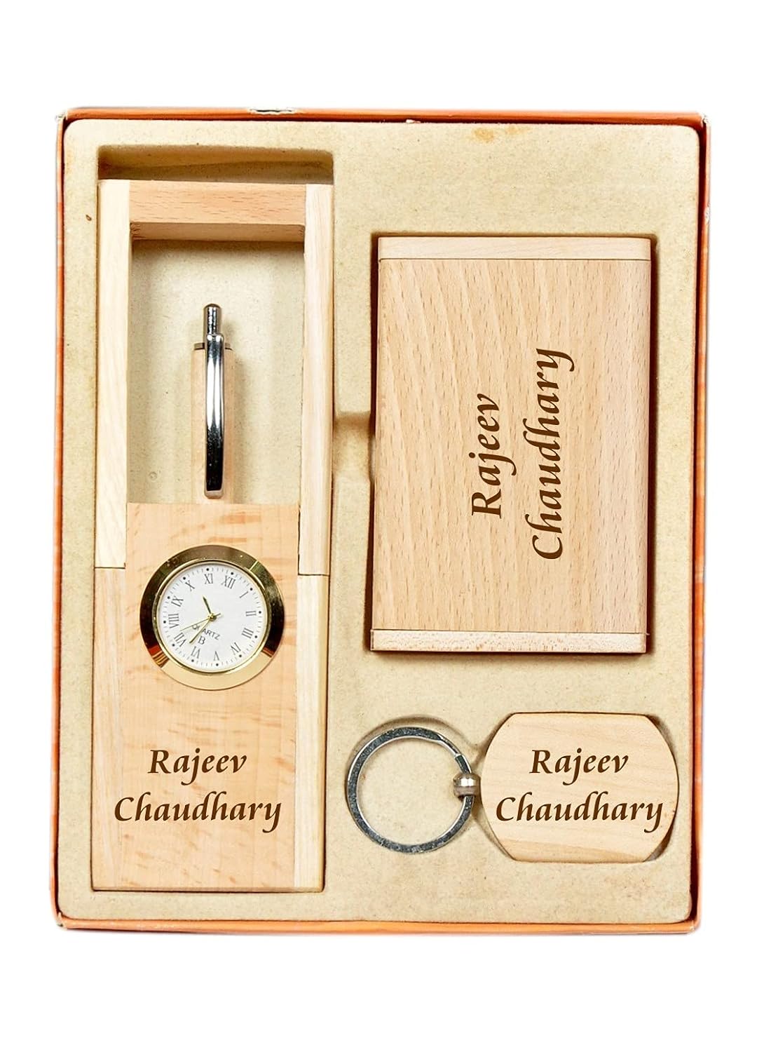 MiRa Gifting Solutions 4 in 1 Personalized Customized Wooden Office Gift Set with Pen, Pen Stand, Keychain and Card Holder