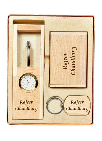 MiRa Gifting Solutions 4 in 1 Personalized Customized Wooden Office Gift Set with Pen, Pen Stand, Keychain and Card Holder