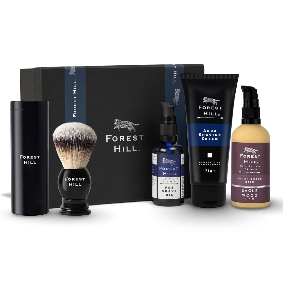 Forest Hill Set of 4 Men Gift Set Grooming Shaving Kit, Pre Shave Oil 50ml, Aqua Shaving Cream 75g, Eaglewood After Shave Balm 100ml & Black Ashford Synthetic Faux Badger Super Soft Hair Shaving Brush With Holder