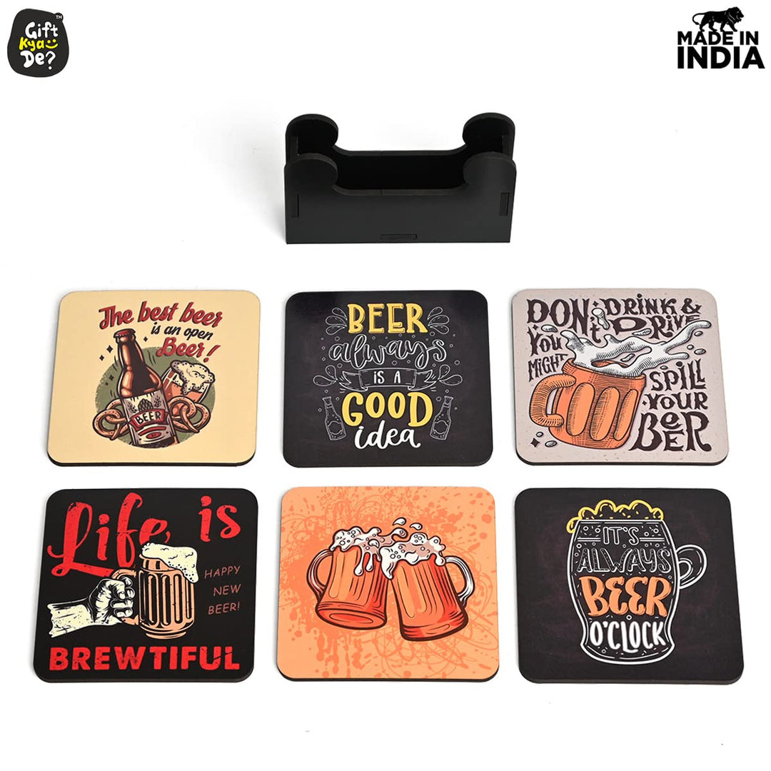 Gift Kya De Square Quotes Coaster Set of 6 With Coaster Stand | Quotes Coaster Set fit for Tea Cups and Coffee Mugs Also Coffee Lover Gifts