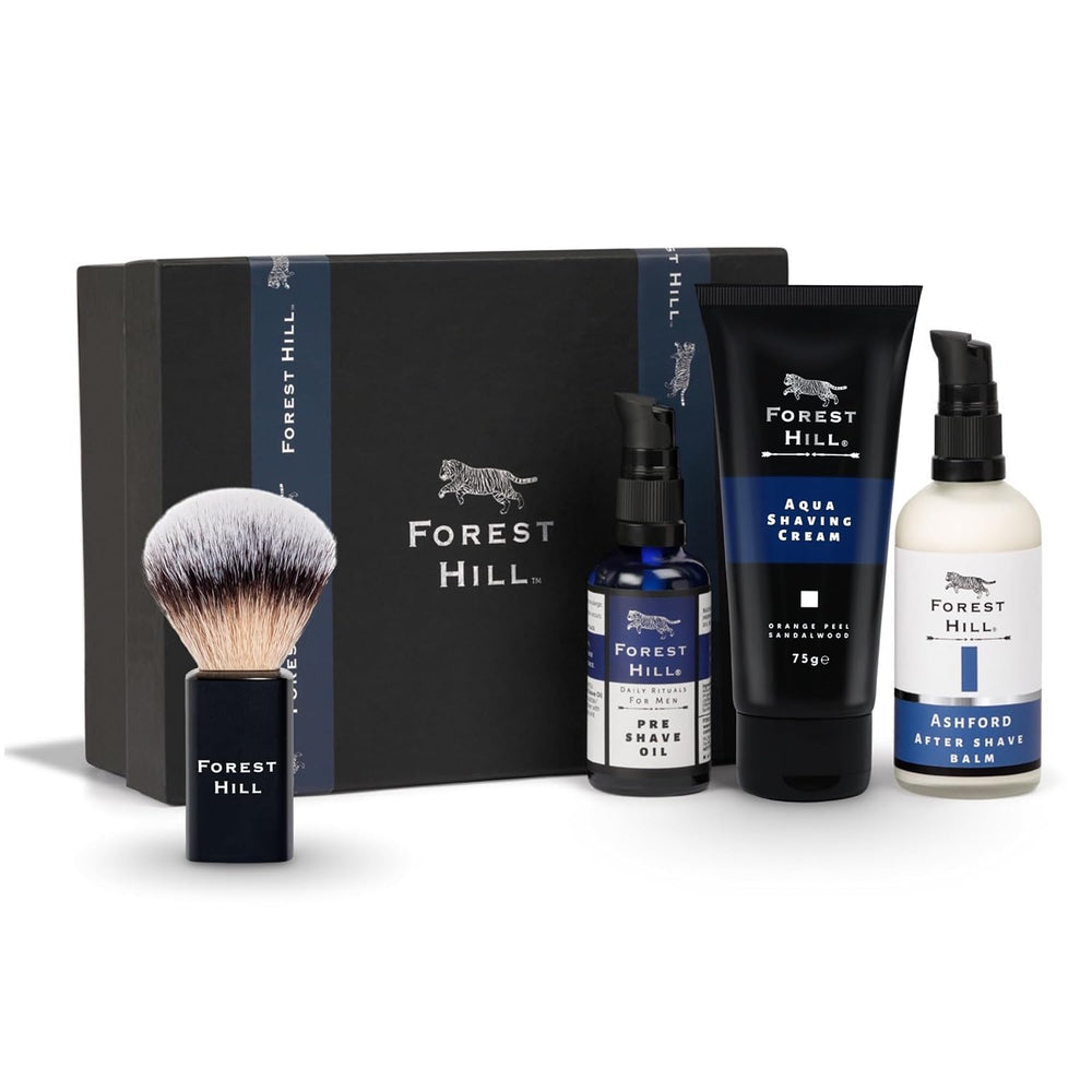 Forest Hill Set of 4 Men Gift Set Grooming Shaving Kit, Pre Shave Oil 50ml, Aqua Shaving Cream 75g, Ashford After Shave Balm 100ml & Black Color Lincoln Synthetic Faux Badger Super Soft Hair Shaving Brush