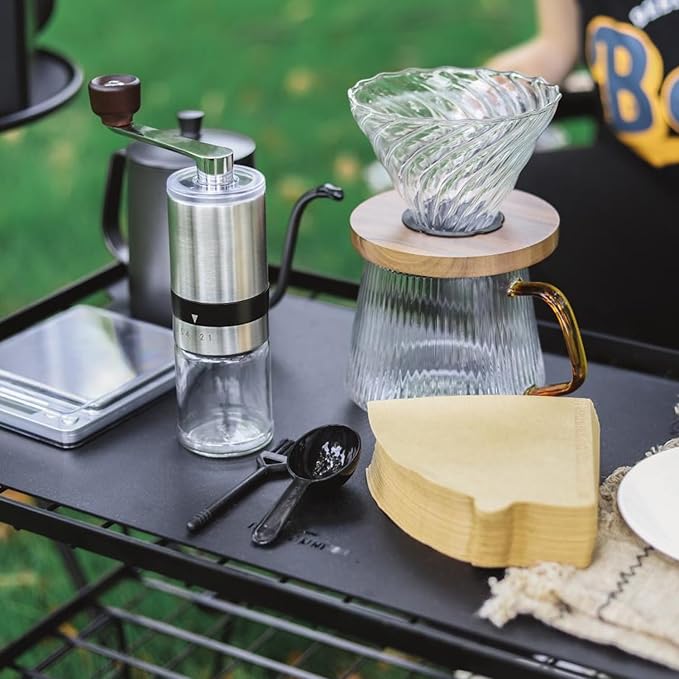 The Bean Co Roasters Pour Over Coffee Set with Travel Bag | Gooseneck Pour Over Kettle| Glass Dripper with Carafe| V02 Filter 100 Pcs | Manual Coffee Grinder | Weighing scale |Coffee Scoop with Cleaning Brush