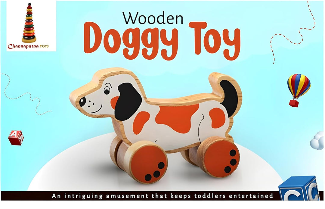 Channapatna Toys Premium Pull Along Toy Wooden Doggy for 12 Months & Above Kids, Toddlers, Infant & Preschool Toys - Multicolor - With Attached String- Encourage Walking