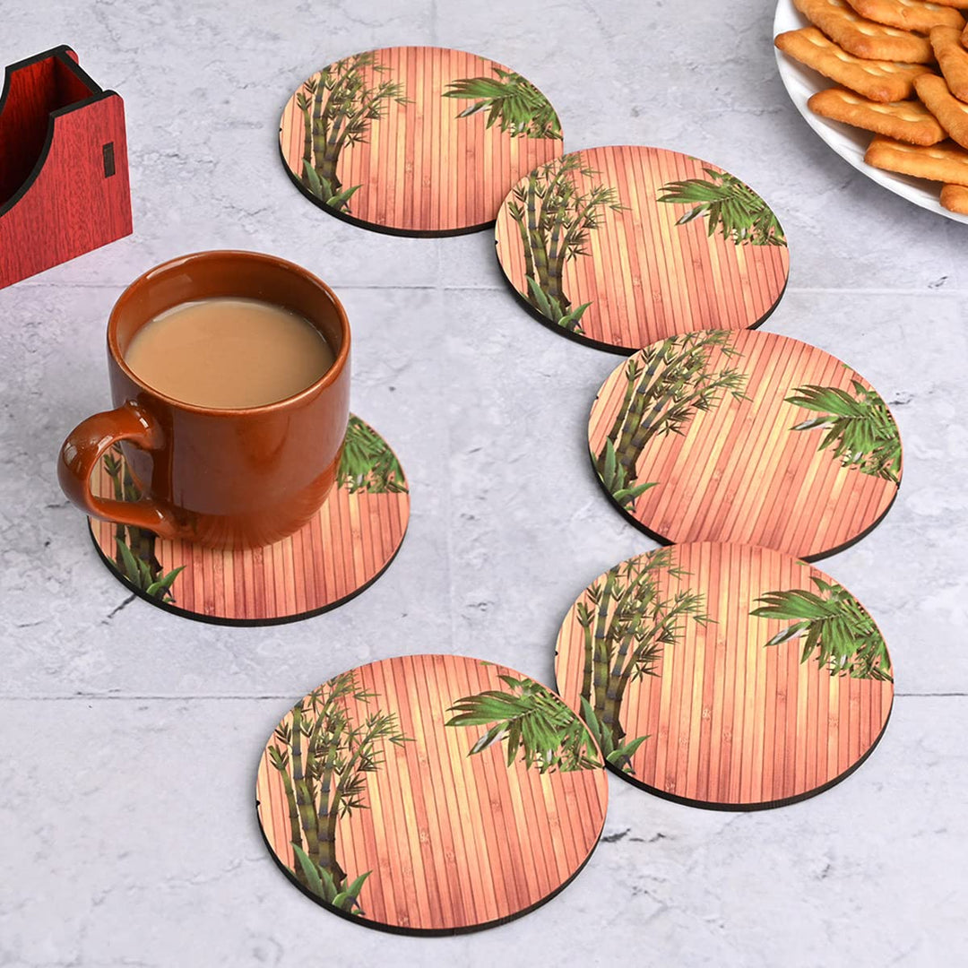 Gift Kya De Coaster Set of 6 Natural Wooden Bamboo Tree Style | Coasters with Beautiful Coaster Stand