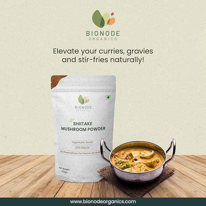 Bionode Organics Shiitake Mushroom Powder (100g), Natural Cholesterol Regulator & Cardiovascular Support, Rich in Vitamins B2, B5, B6 & D, Boosts Immunity and Overall Wellness