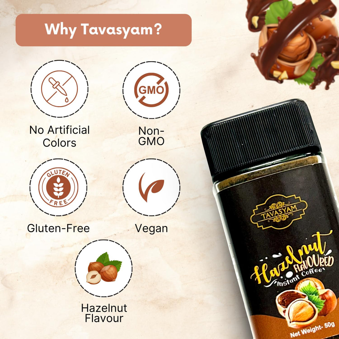 TAVASYAM Coffee Powder Jar 50 gm - Hazelnut Instant Coffee Powder - 25 Servings