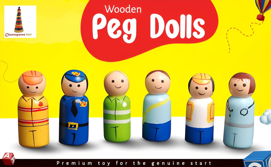 Channapatna Toys Peg Dolls Wooden Essential Workers/Community Helpers Pretend Play Figurines - Colorful Dolls for Kids & Toddlers (2 Years+) - Pack of 6 pcs - Open Ended Toys