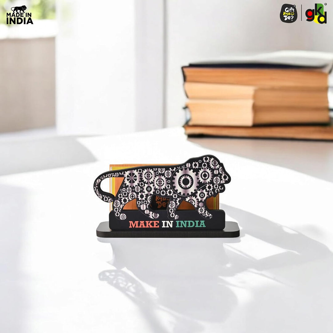 Gift Kya De Make In India Themed Visiting Card Stand, Decorative Lion Gear Pattern Design