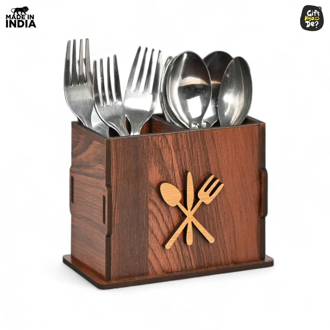 Gift Kya De 2 Compartments Wooden Cutlery Stand for Kitchen & Dining Table | Spoon, Knife & Fork Holder