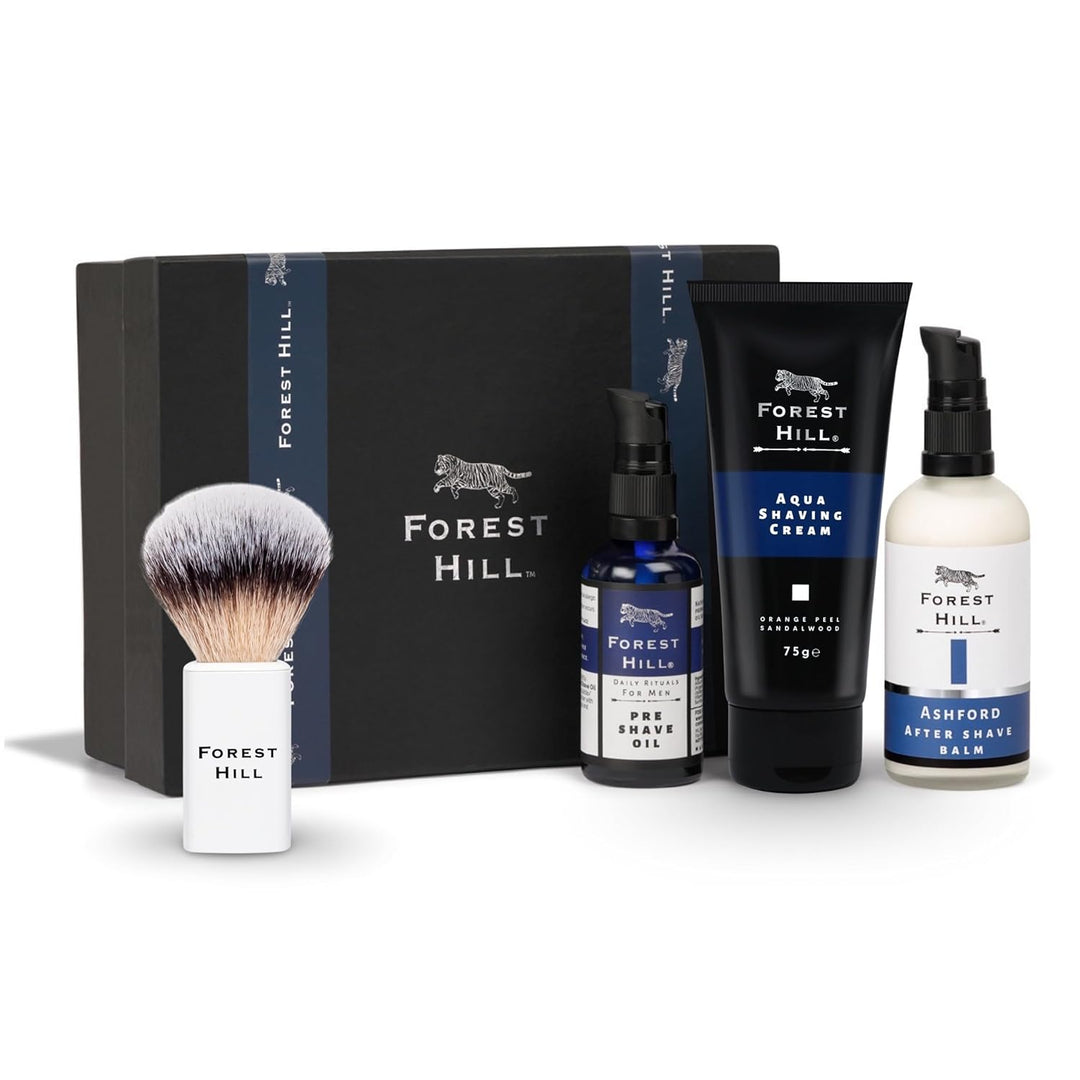Forest Hill Set of 4 Men Gift Set Grooming Shaving Kit, Pre Shave Oil 50ml, Aqua Shaving Cream 75g, Ashford After Shave Balm 100ml & White Color Lincoln Synthetic Faux Badger Super Soft Hair Shaving Brush