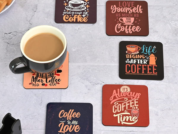Gift Kya De Square Quotes Coaster Set of 6 With Coaster Stand | Quotes Coaster Set fit for Tea Cups and Coffee Mugs Also Coffee Lover Gifts