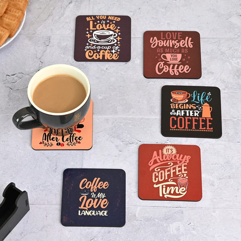 Gift Kya De Square Quotes Coaster Set of 6 With Coaster Stand | Quotes Coaster Set fit for Tea Cups and Coffee Mugs Also Coffee Lover Gifts