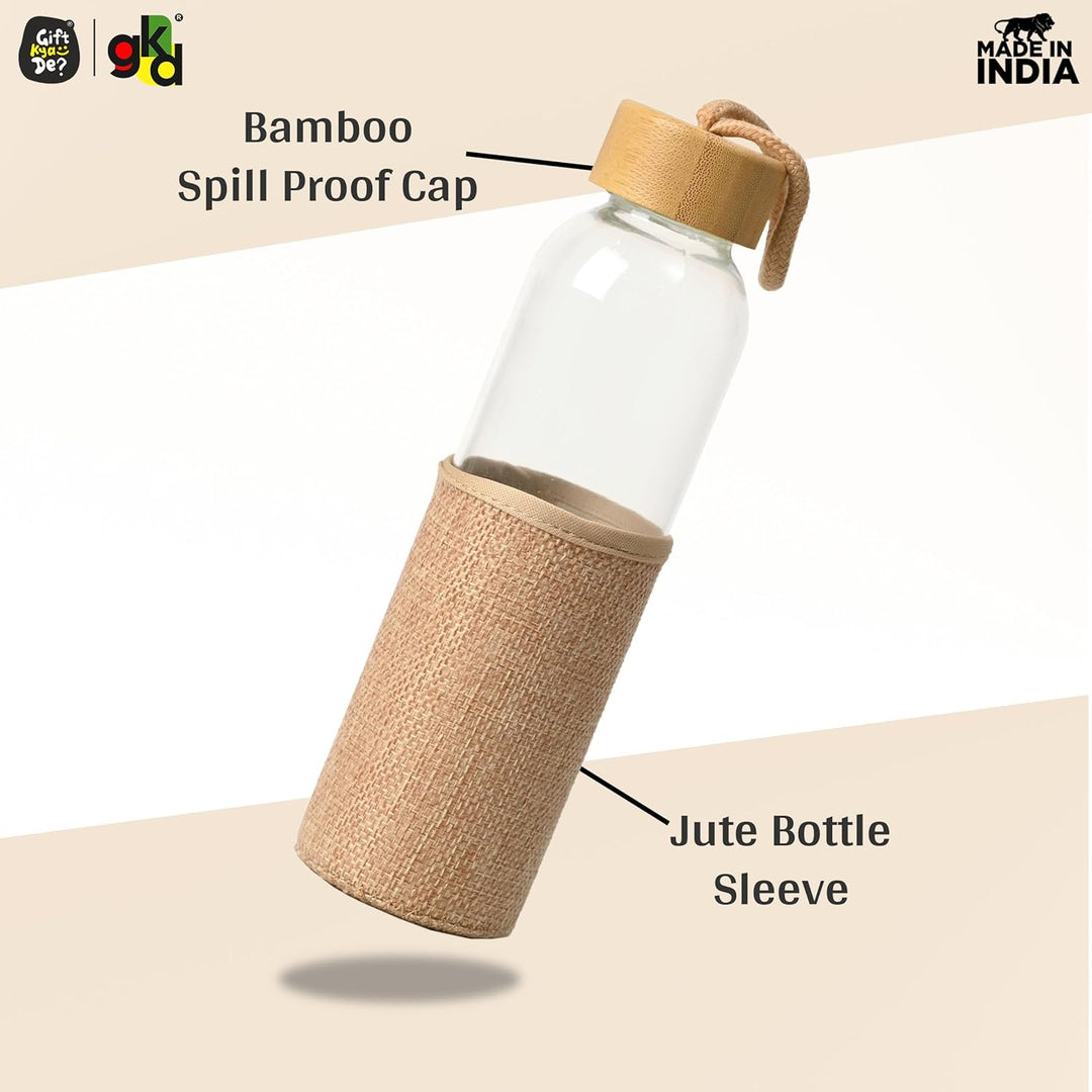 Glass Water Bottle with Bamboo Spill-Proof Cap & Jute Sleeve 450 ML | Eco-Friendly & Reusable | BPA Free | Leak-Proof | Travel Friendly | Made in India