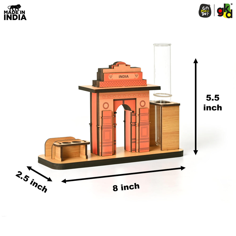 India Gate Wooden Desk Organizer with Test Tube Planter, Pen Stand & Visiting Card Holder | Table Top Patriotic Souvenir | Independence Day Gift