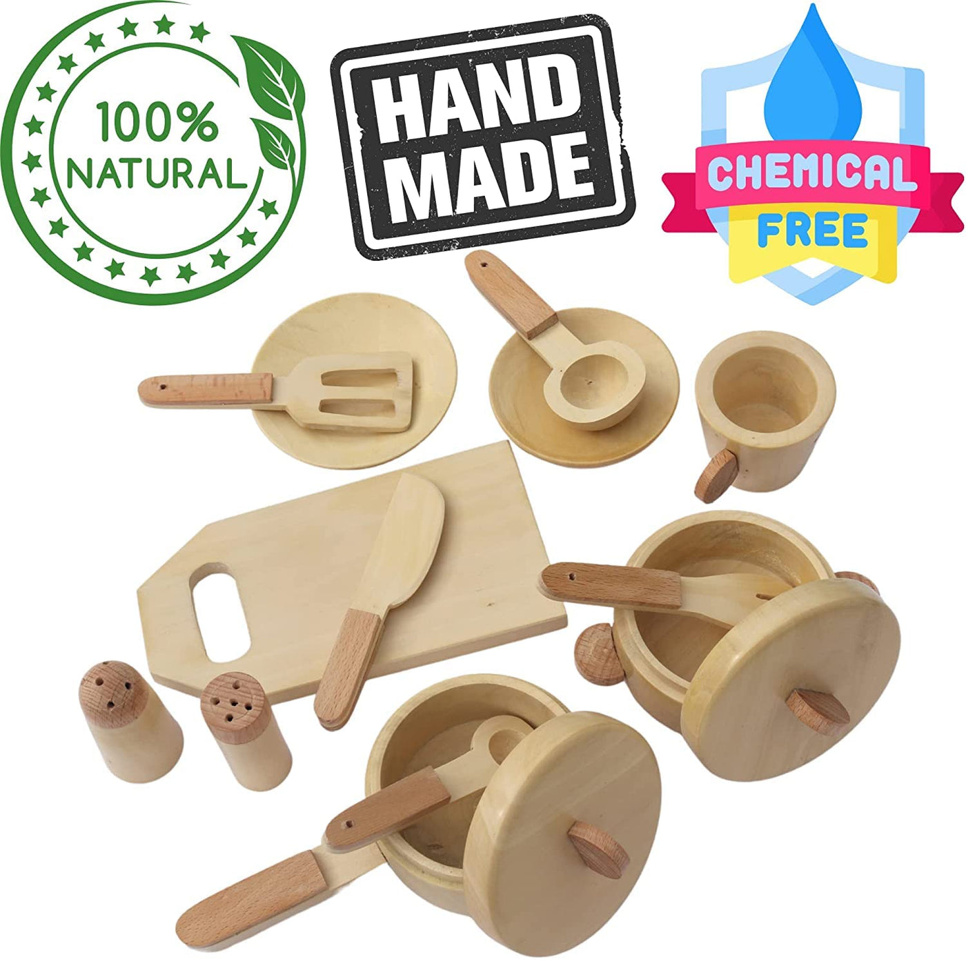 Wooden Montessori Kitchen Toy Set Natural Cooking Sets Pretend Play Toys for Little Boys and Girls and Kids Age 3+ (Premium)