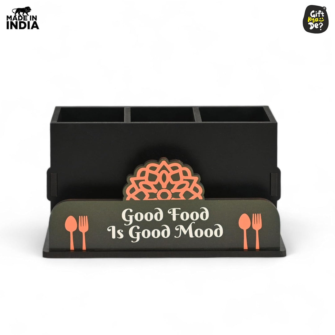 Gift Kya De Cutlery Stand with Tissue Holder for Kitchen & Dining Table | 3 Compartments | Spoon, Knife & Fork Holder, Cutlery Organizer