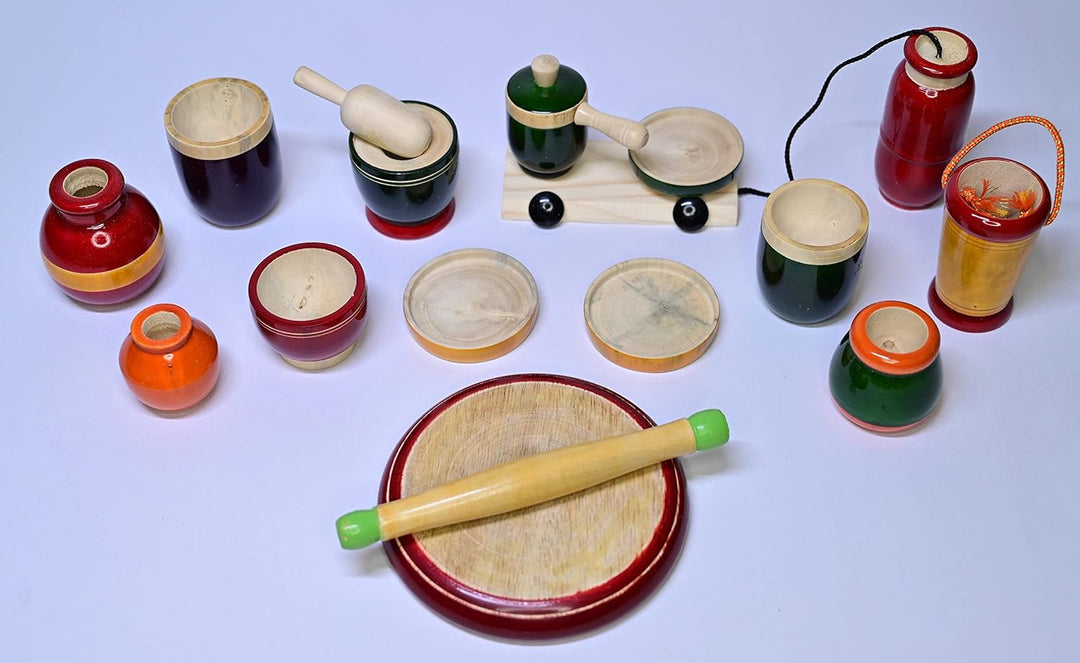 Channapatna Toys Wooden Traditional Wooden Cooking/Kitchen Play Premium Set for Girls, Boys, Kids (3 Years+) - Multicolor - 17 Pieces Preschool Toys Set - Pretend & Play Toys, Improves Hand Eye Coordination
