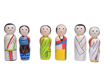 Wooden Peg Dolls: Set of 6 South Indian Couples | Non-Toxic Colors, Handmade Pretend Play Dolls for Kids (2 Years+)