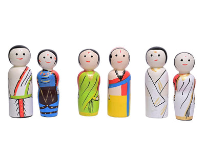 Channapatna Toys Wooden Peg Dolls: Set of 6 South Indian Couples | Non-Toxic Colors, Handmade Pretend Play Dolls for Kids (2 Years+)