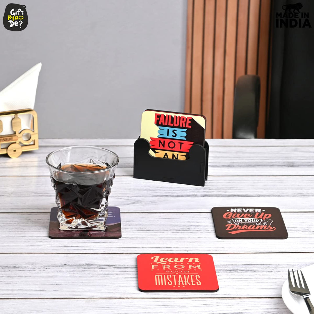 Gift Kya De Square Quotes Coaster Set of 6 With Coaster Stand | Quotes Coaster Set fit for Tea Cups and Coffee Mugs Also Coffee Lover Gifts