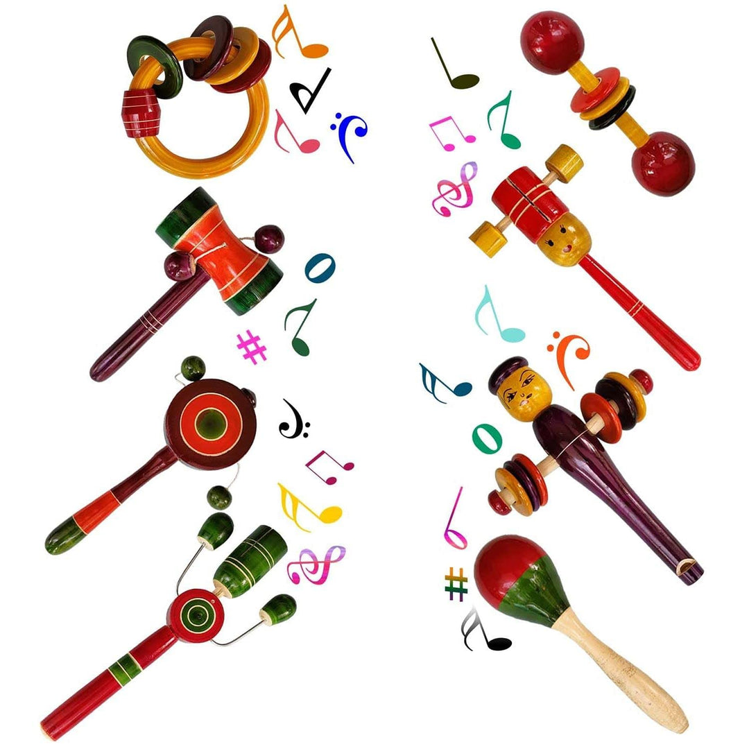 Channapatna Toys Wooden Rattles for Baby, Infants, New Born Babies Toys (0 to 12 Months) - Set of 8 pcs - Multicolor - Discover Sounds, Develops Sensory Skills