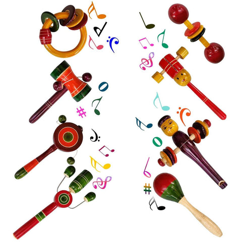 Channapatna Toys Wooden Rattles for Baby, Infants, New Born Babies Toys (0 to 12 Months) - Set of 8 pcs - Multicolor - Discover Sounds, Develops Sensory Skills