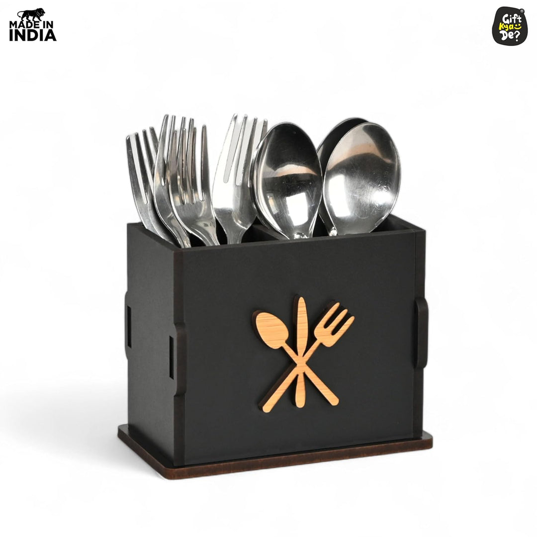Gift Kya De 2 Compartments Wooden Cutlery Stand for Kitchen & Dining Table | Spoon, Knife & Fork Holder
