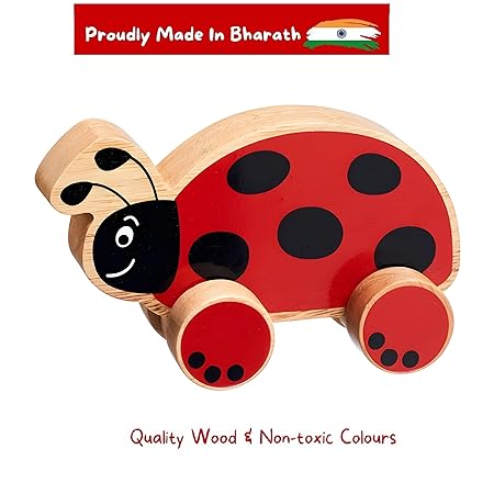 Channapatna Toys Premium Pull Along Toy Wooden Ladybird for 12 Months & Above Kids, Toddlers, Infant & Preschool Toys - Multicolor - with Attached String- Encourage Walking