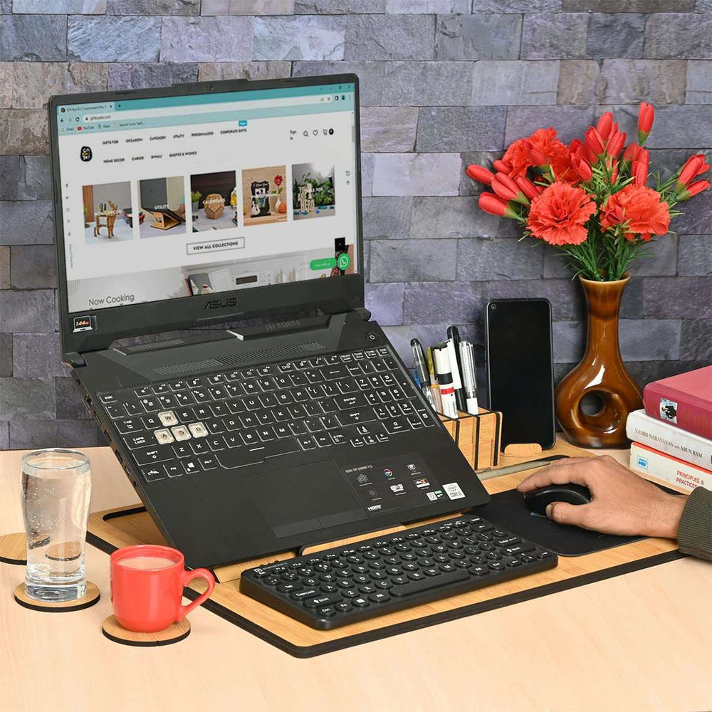 Gift Kya De Lapdesks Premium All-in-one Table top for Laptop Stand with Cooling pad Keyboard and Mouse pad Mobile Stand Stationary Desk Organizers and Coaster Set (All in One)