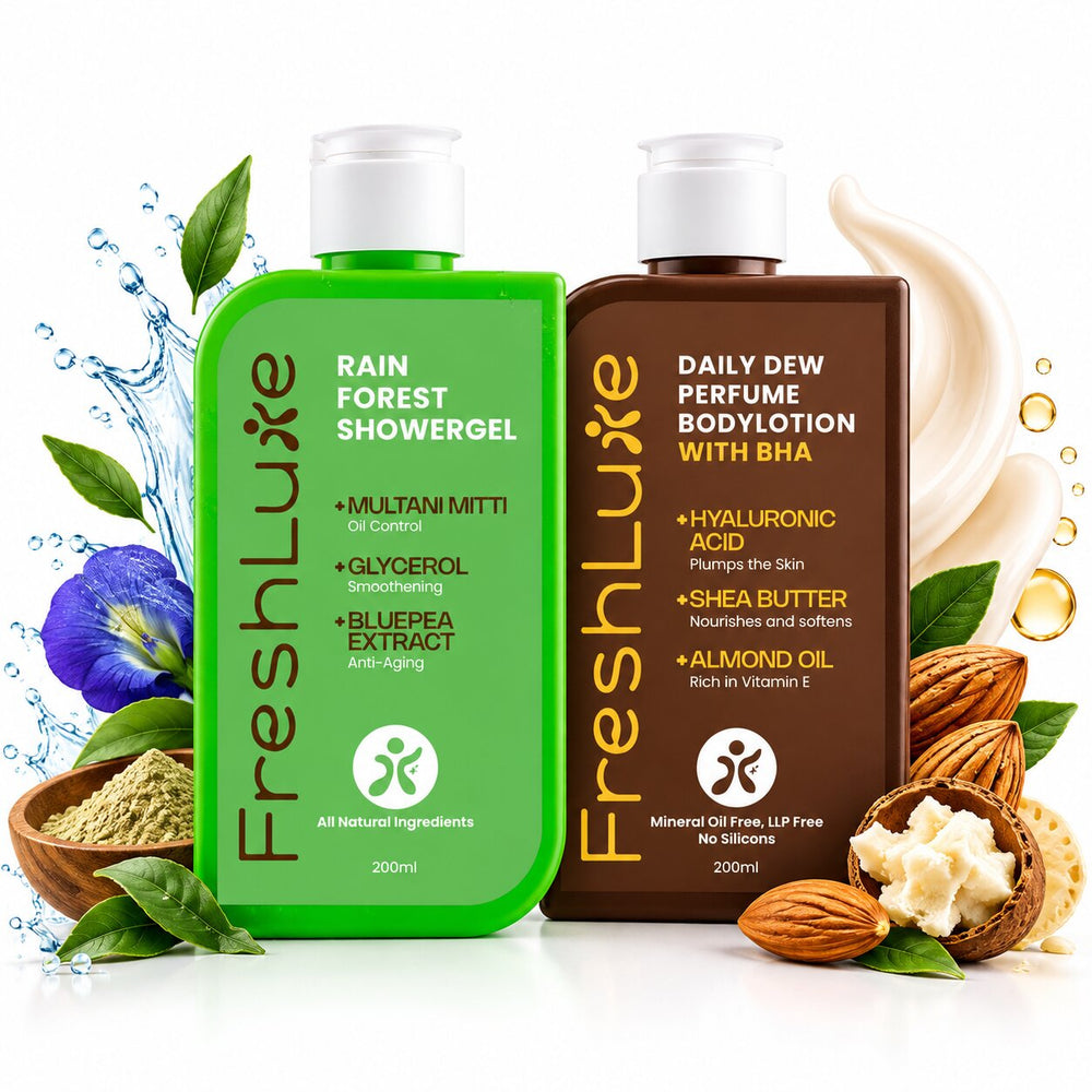 FreshLuxe Body Wash and Lotion Combo | Rain Forest Oil Control Shower Gel with Multani Mitti + Daily Dew Perfume Body Lotion with BHA & Shea Butter | Skincare Kit for Women & Men | 200ml + 200ml