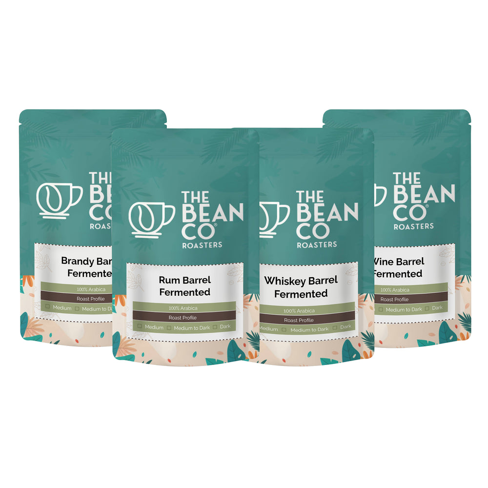 The Bean Co Roasters Barrel Fermented Coffee Combo Pack | Brandy, Rum, Whiskey, Wine Barrel Fermented Coffee | 100% Arabica | Pack of 4 x 150g
