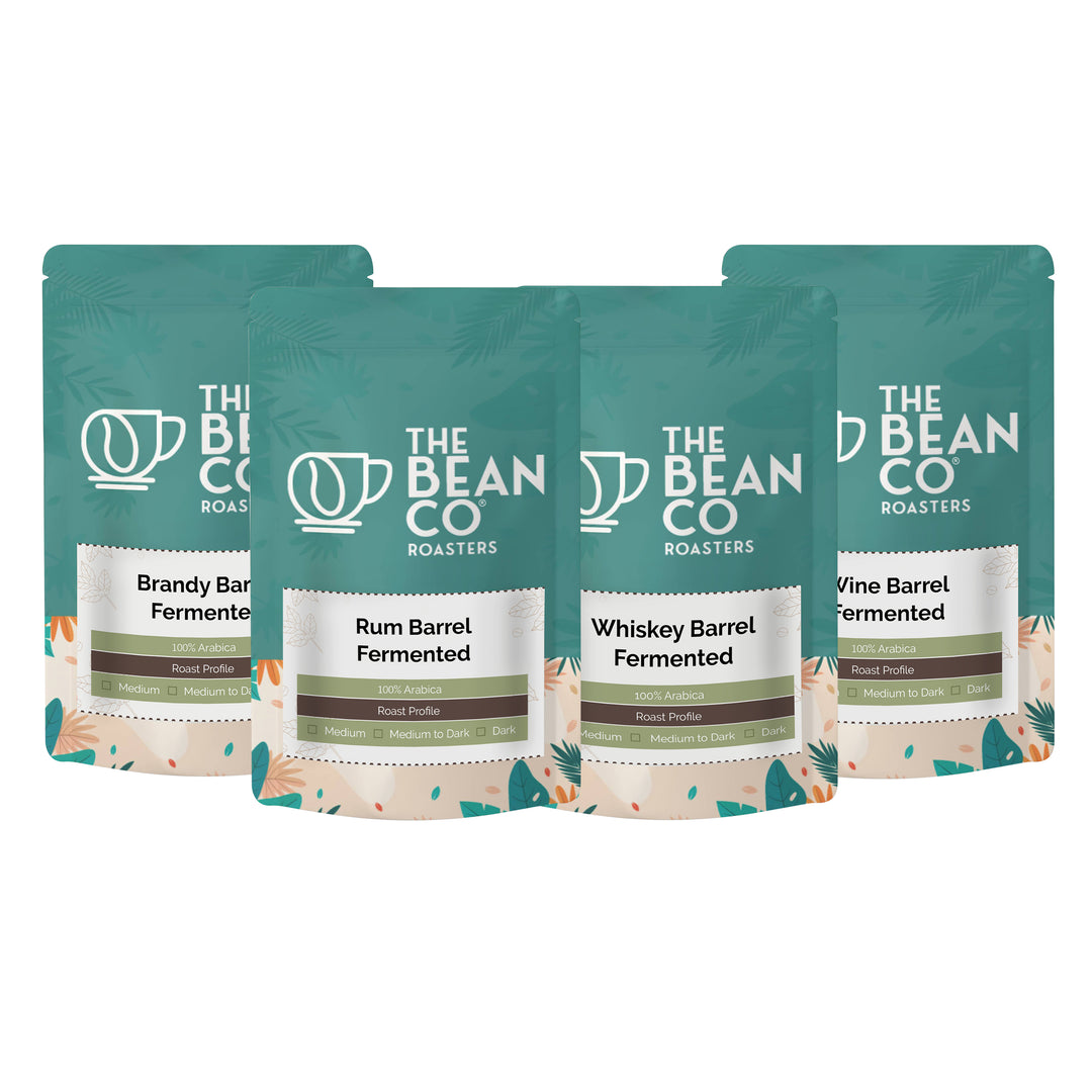 The Bean Co Roasters Barrel Fermented Coffee Combo Pack | Brandy, Rum, Whiskey, Wine Barrel Fermented Coffee | 100% Arabica | Pack of 4 x 150g