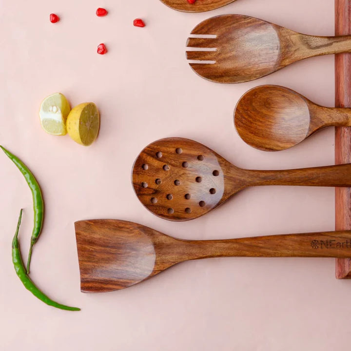 ONEarth Wooden Cooking & Serving Spoon Set | Teak Wood | 6 Pieces