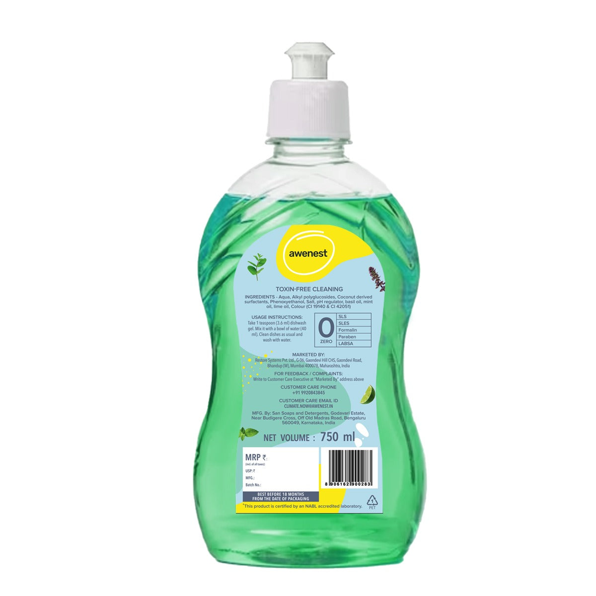 Awenest No-Toxin Organic Dishwash Liquid Gel 750 ml pack of 2