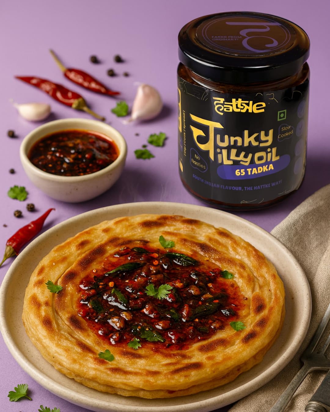 HATTKE Chunky Chilli Oil, 65 Tadka Flavour, South Indian Style Cooking & Drizzling Oil with Curry Leaves and Garlic, All Natural, No Preservatives, Natural & Fresh Ingredients - 175g