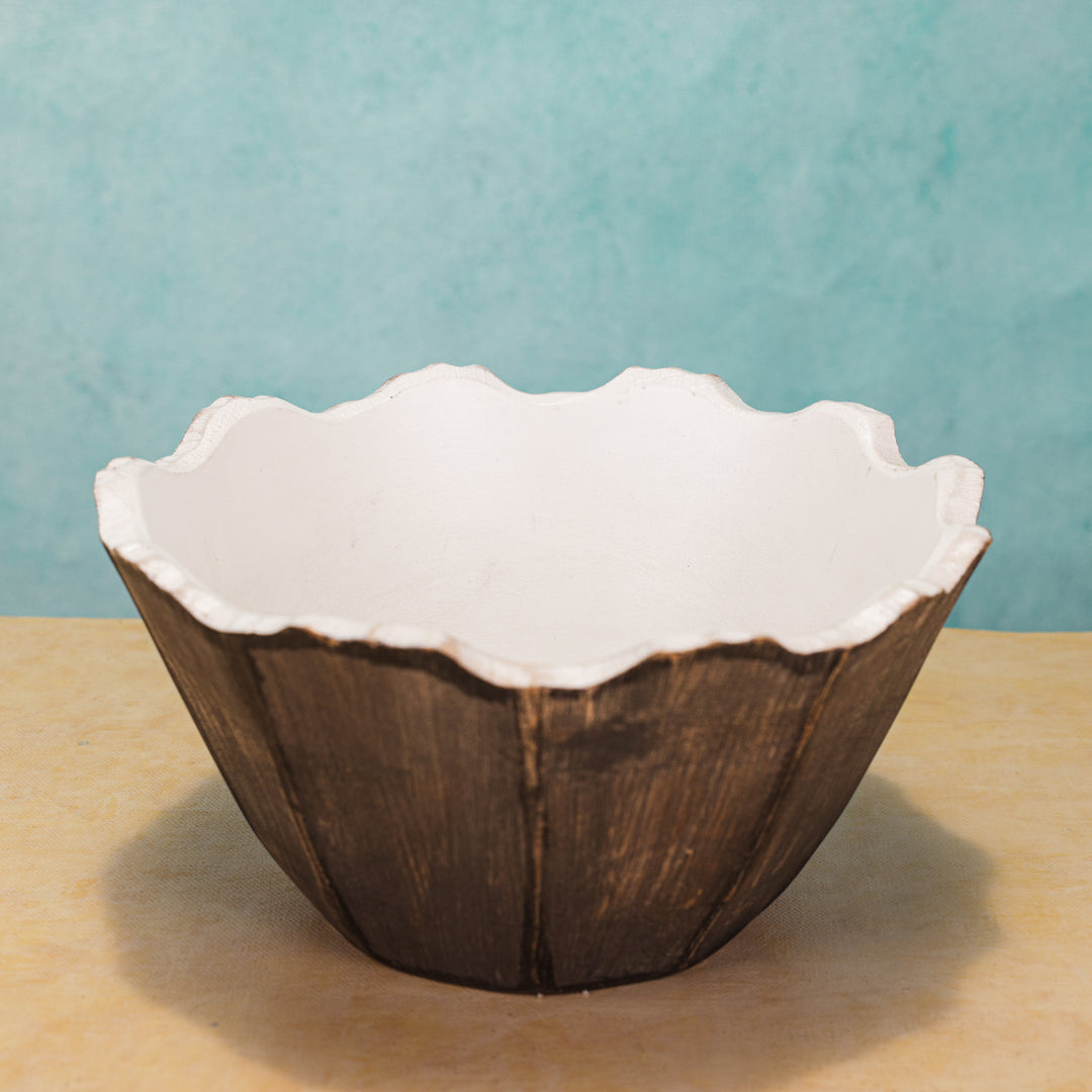 IREKA HOME Celest Mango Wood Multipurpose Serving Bowl with White Enamel Finish | Handcrafted Wooden Bowl for Fruits, Snacks & Table Décor | 20x10 cm