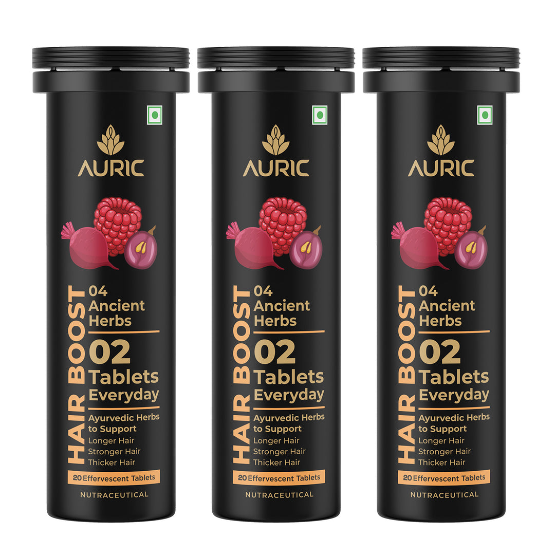 Auric Hair Boost Effervescent Tablets 20 Count | Ayurvedic Formula for Hair Fall Control | Biotin, Zinc, Beetroot & Grapeseed Extracts & Herbal Extracts | Hair Growth & Strength Support
